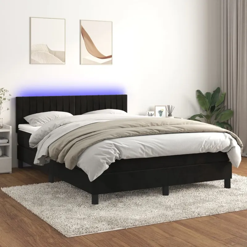 pat cu arcuri, saltea si led, negru, 140x200 cm, catifea