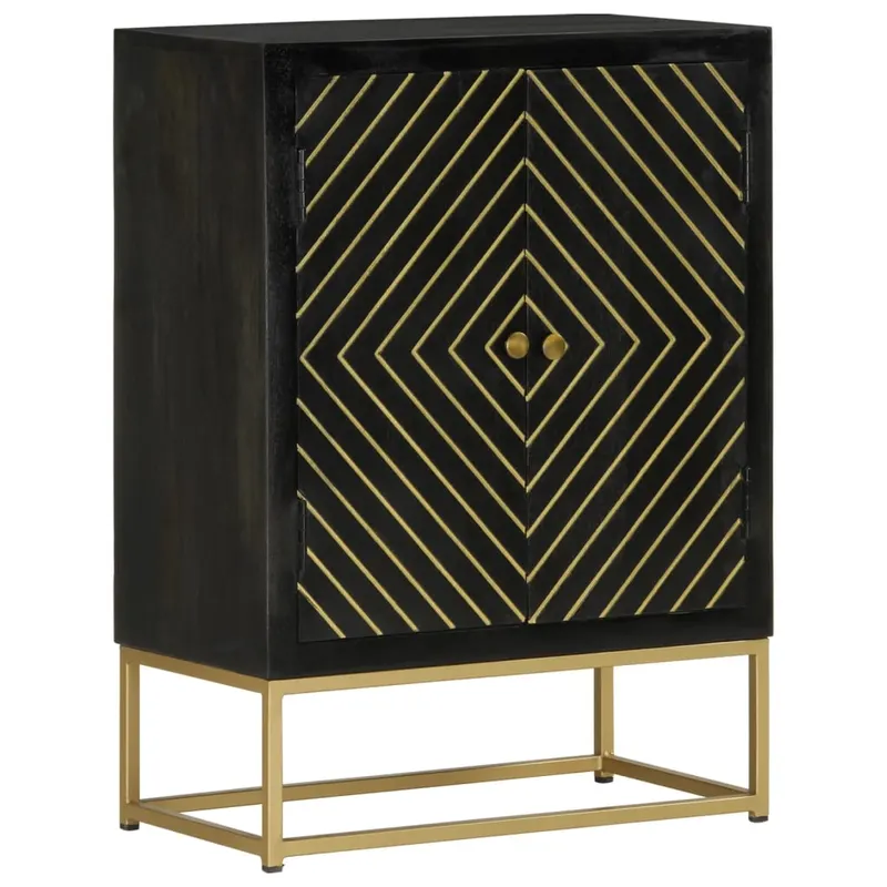 servanta cu 2 usi, negru/auriu, 55x30x75 cm, lemn masiv mango
