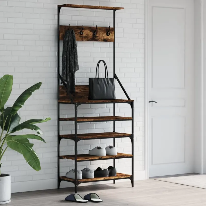 suport de haine cu raft de pantofi stejar fumuriu, 70x34x184 cm