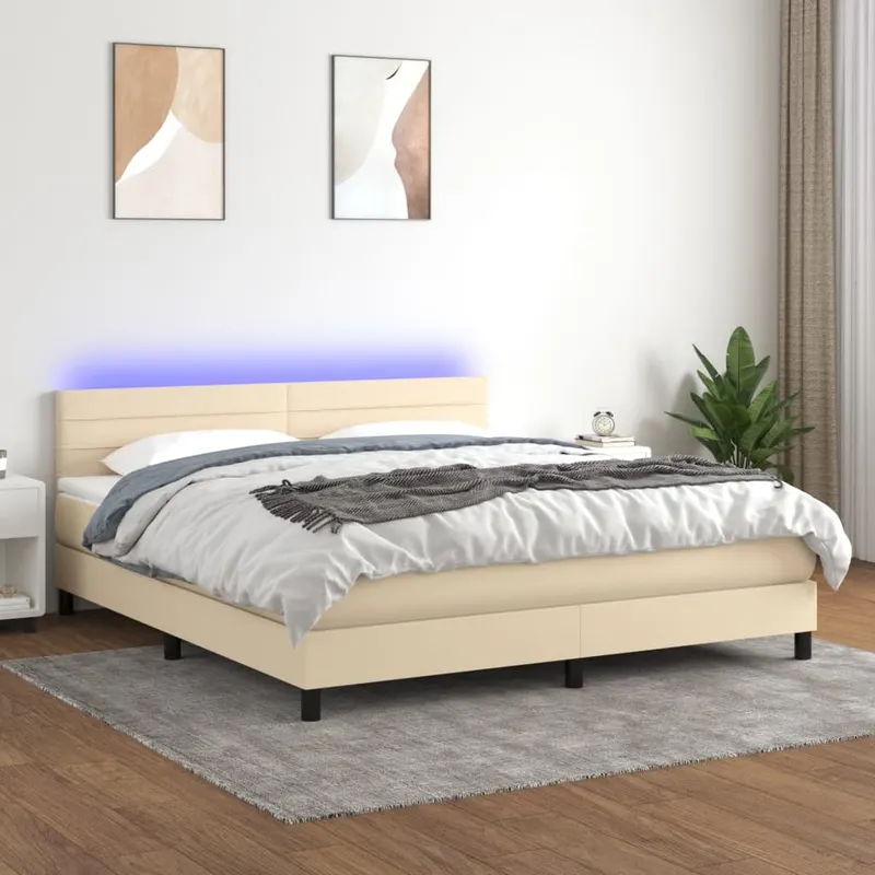 pat cu arcuri, saltea si led, crem, 160x200 cm, textil