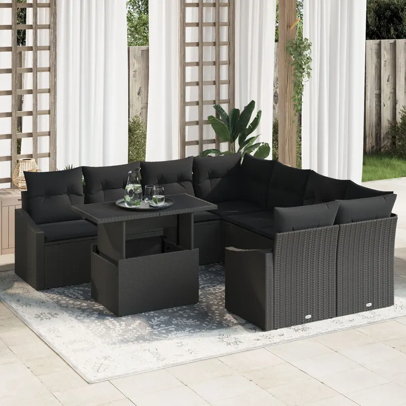 set de canapea de gradina 9 piese cu perne negru ratan poly