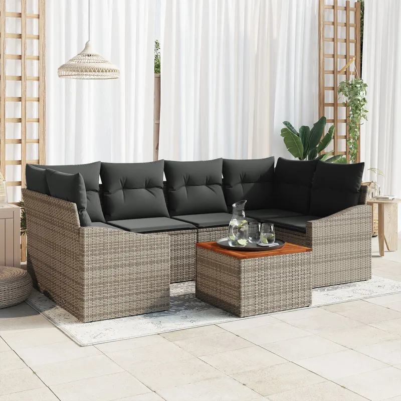 set canapea gradina 7 piese cu perne gri din ratan poli acacia