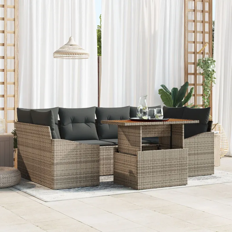 set masa gradina cu 7 piese perne gri poliratan acacia