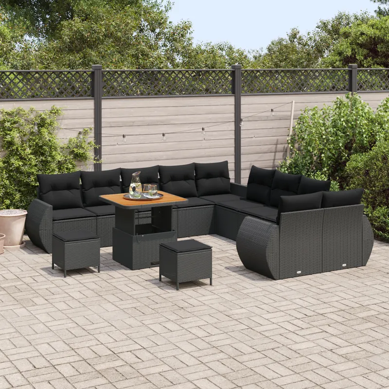Set de canapele de gradina cu perne negru poliratan acacia, set de dining pentru gradina cu perne negru poliratan acacia