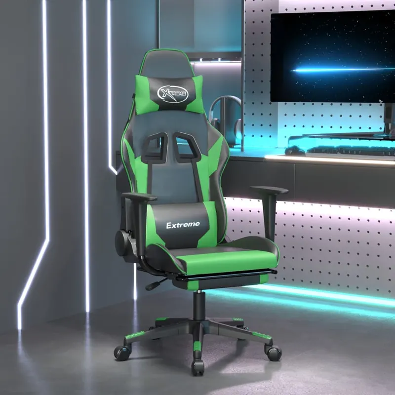 scaun de gaming cu suport picioare negru/verde, piele ecologica