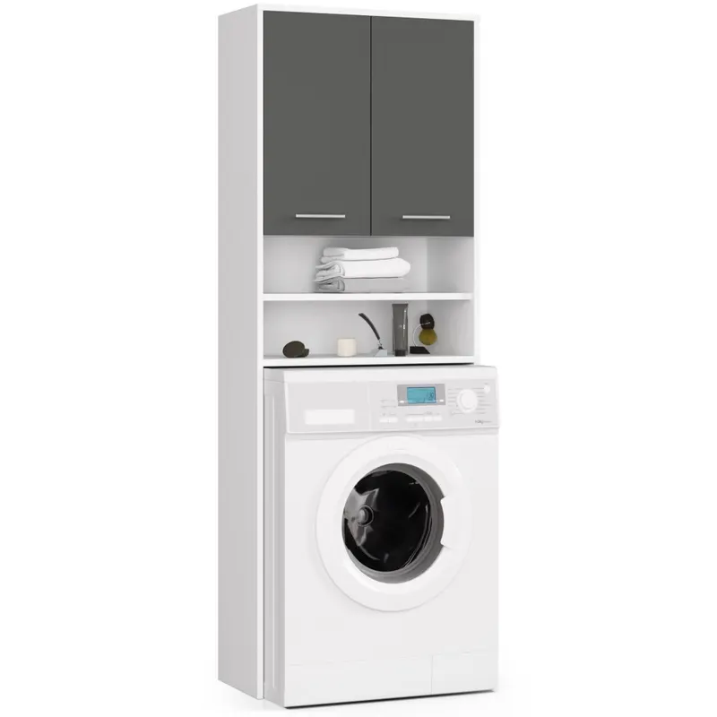 Dulap baie inalt pentru spatiu deasupra masinii de spalat, cu usi si polite, 64x30x180 cm, alb si grafit