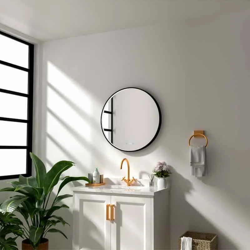 Oglinda LED Fluminia Aster 70 Clock, D70cm, dezaburire, ceas digital, rama neagra