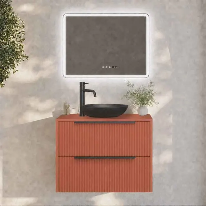 Mobilier baie suspendat pentru lavoar pe blat 80 cm, 2 sertare cu soft close, front riflat, mattone, cu manere negre, Fluminia Istria