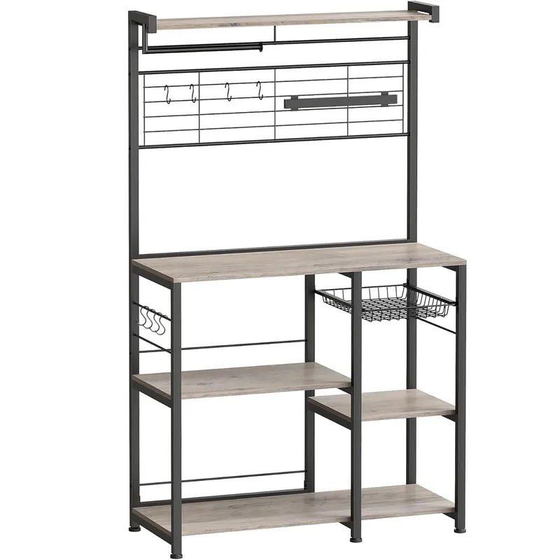 VASAGLE Raft de bucatarie cu spatiu pentru cuptorul cu microunde, banda magnetica cutite, suport role de bucatarie, 42x90x167cm, gri