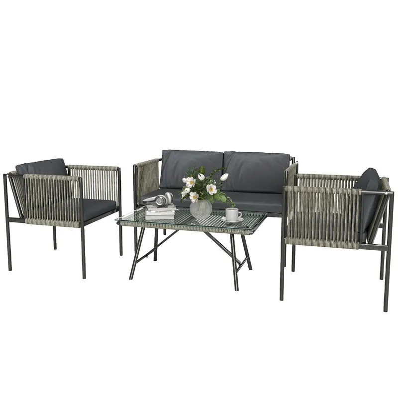 Outsunny Set de Exterior din Rattan 2 Fotolii, Canapea și Măsuță Gri