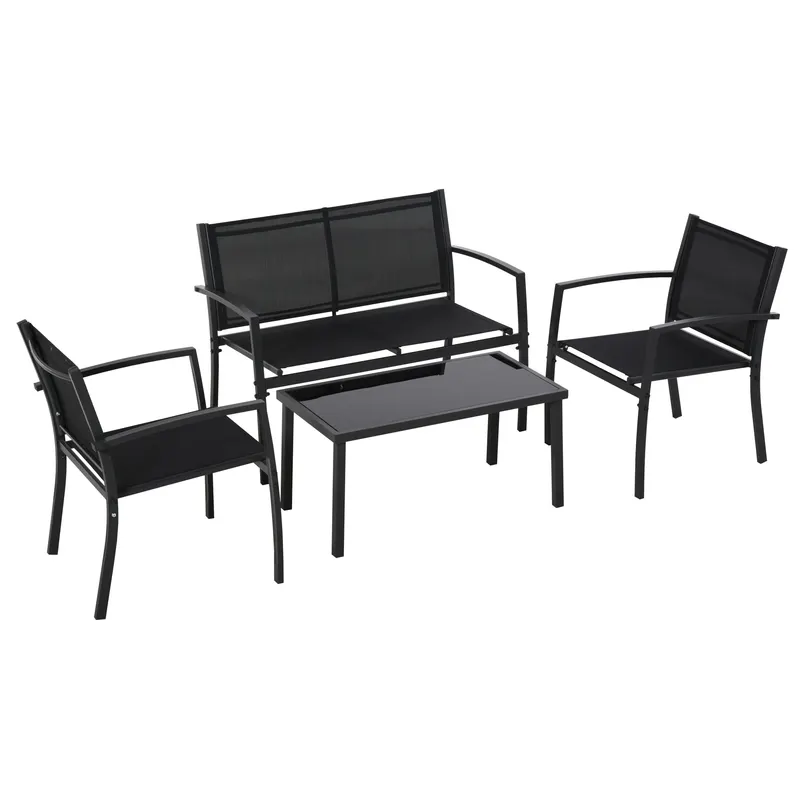 Outsunny Set de Gradina 4 bucati cu Masuta de cafea, 2 Scaune si o Panca in Metal, Negru