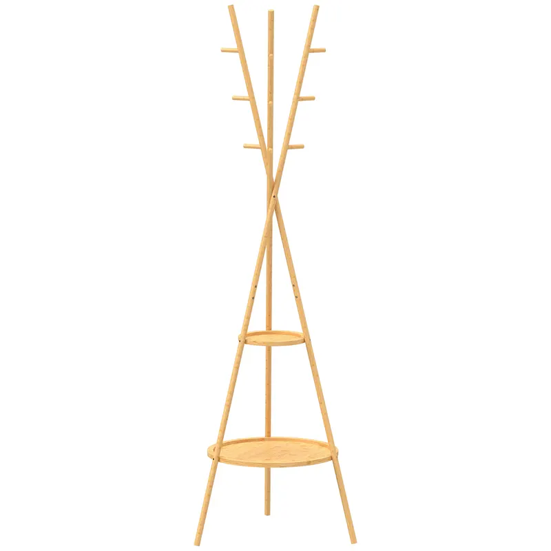 HOMCOM Cuier freestanding cu 9 cârlige și 2 polițe pentru intrare, lemn natural