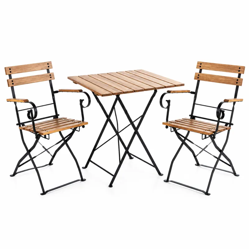 Set mobilier bistro pliabil pentru gradina, terasa si balcon, 3 piese, masa 70x70 cm si 2 scaune, structura rezistenta din otel si lemn de salcam, des
