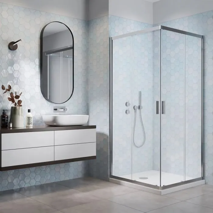 Set cabina de dus dreptunghiulara crom Radaway Alienta D 100x80 cm, usi culisante, cadita Laros D Compact si sifon