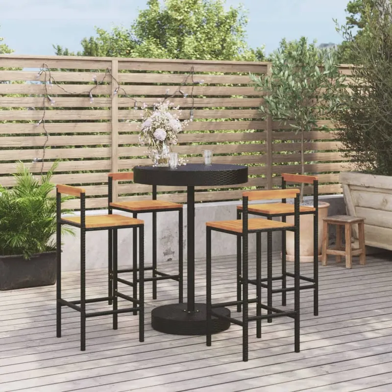 set bar pentru gradina, 5 piese, negru, poliratan/lemn acacia