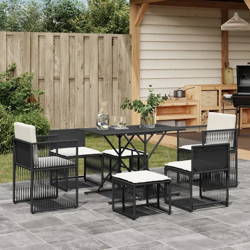 set mobilier de gradina cu perne, 7 piese, negru, poliratan