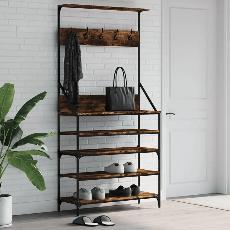 suport de haine cu raft de pantofi stejar fumuriu, 90x34x184 cm
