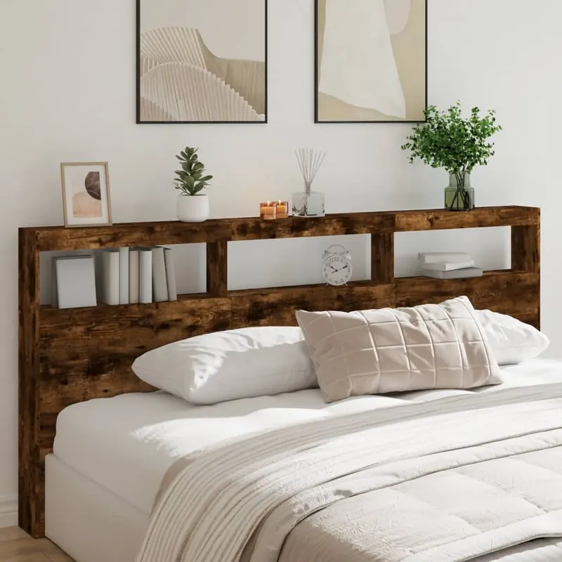 tablie de pat cu dulap si led, stejar fumuriu, 220x17x102 cm