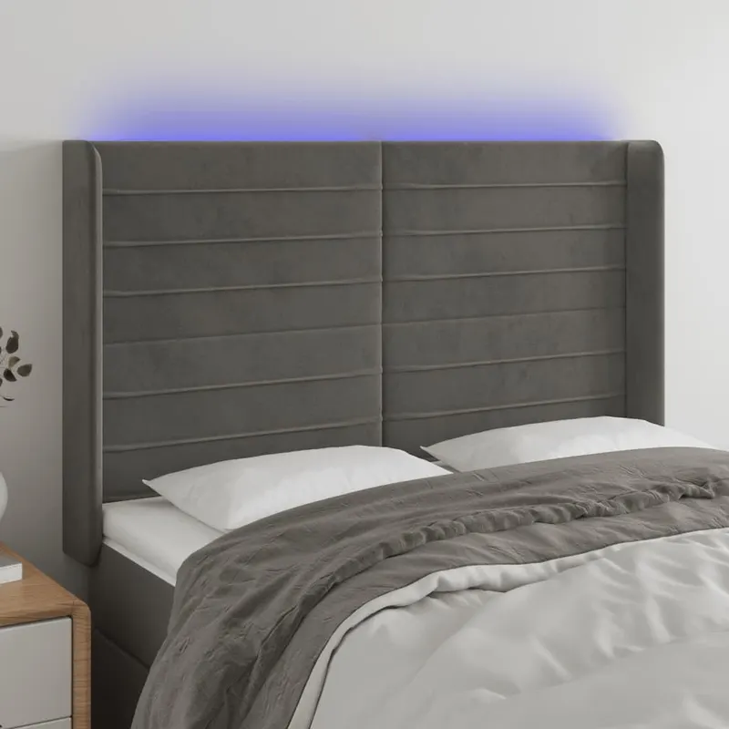 tablie de pat cu led, gri inchis, 147x16x118/128 cm, catifea