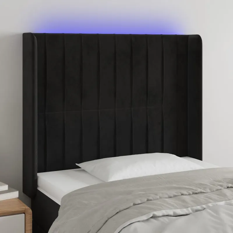 tablie de pat cu led, negru, 93x16x118/128 cm, catifea
