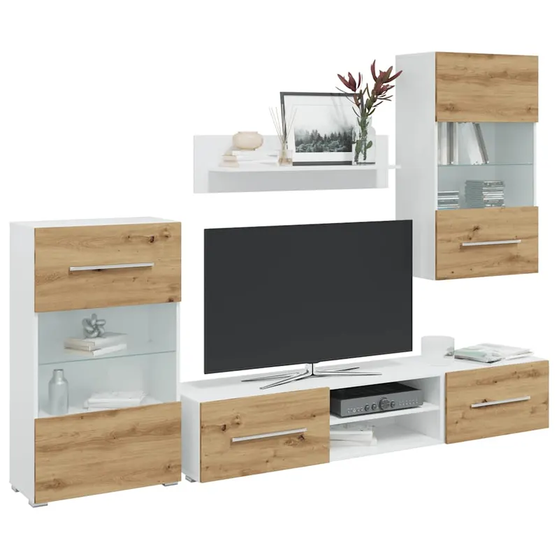unitati tv de 5 piese cu iluminare led artisan stejar lemn