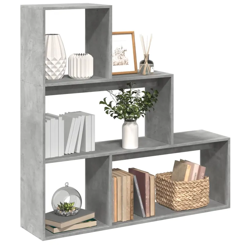 biblioteca/separator 3 niveluri gri beton 123x29x123 cm lemn