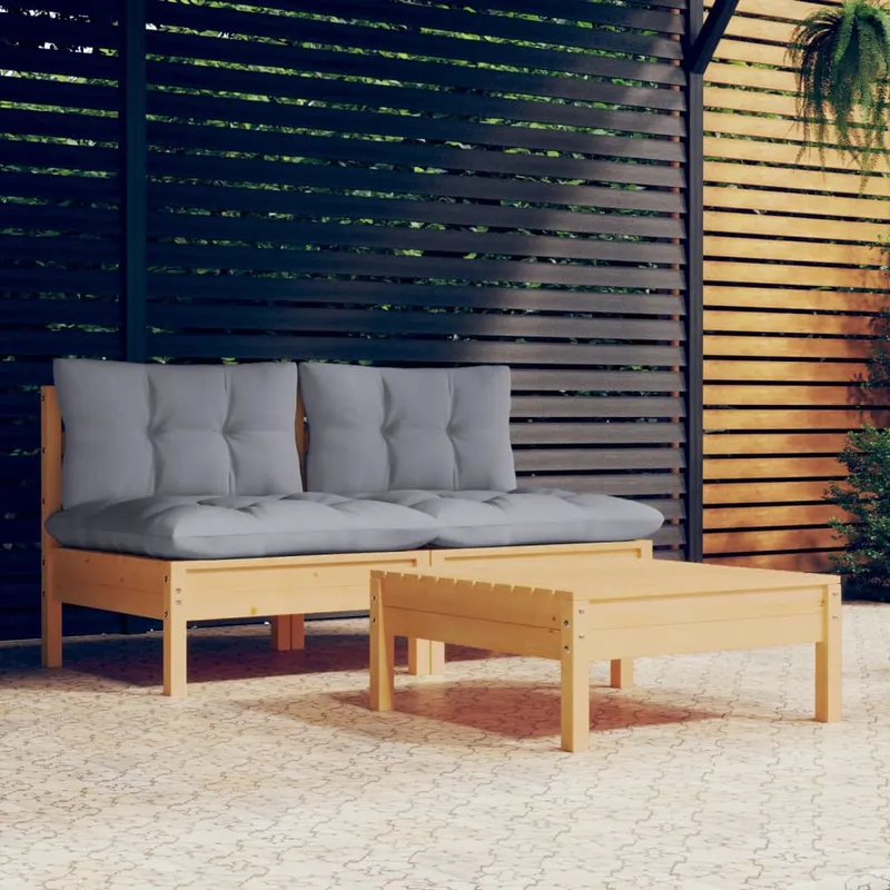 set mobilier de gradina cu perne gri, 3 piese, lemn de pin