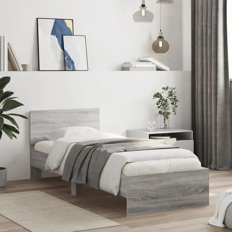 cadru de pat cu tablie, gri sonoma, 90x200 cm, lemn prelucrat