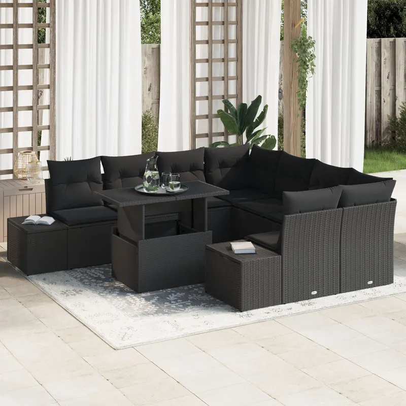 set de canapea de gradina 9 piese cu perne, ratan poly negru