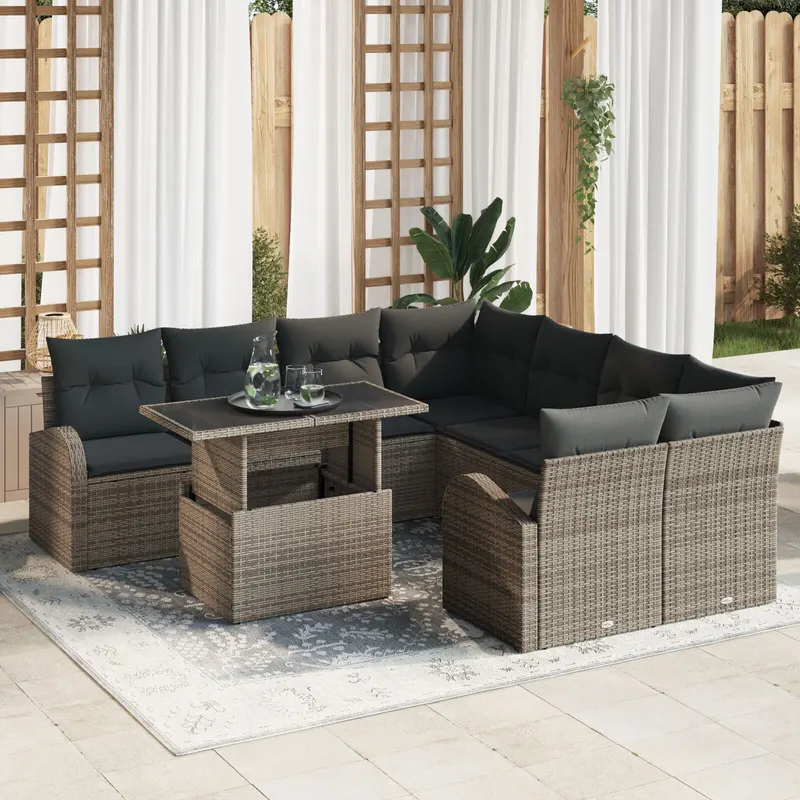 Set de 9 sofe de gradina cu perne gri ratan poli, sofa de gradina cu 2 locuri cu spatiu de stocare si perne gri ratan poli
