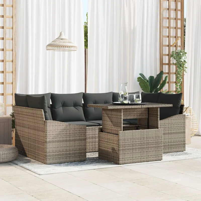 set canapea gradina 7 piese cu perne gri din ratan sintetic