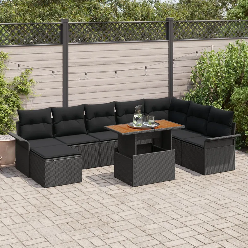 set masa gradina cu 9 piese si perne negru ratan polimeric acacia