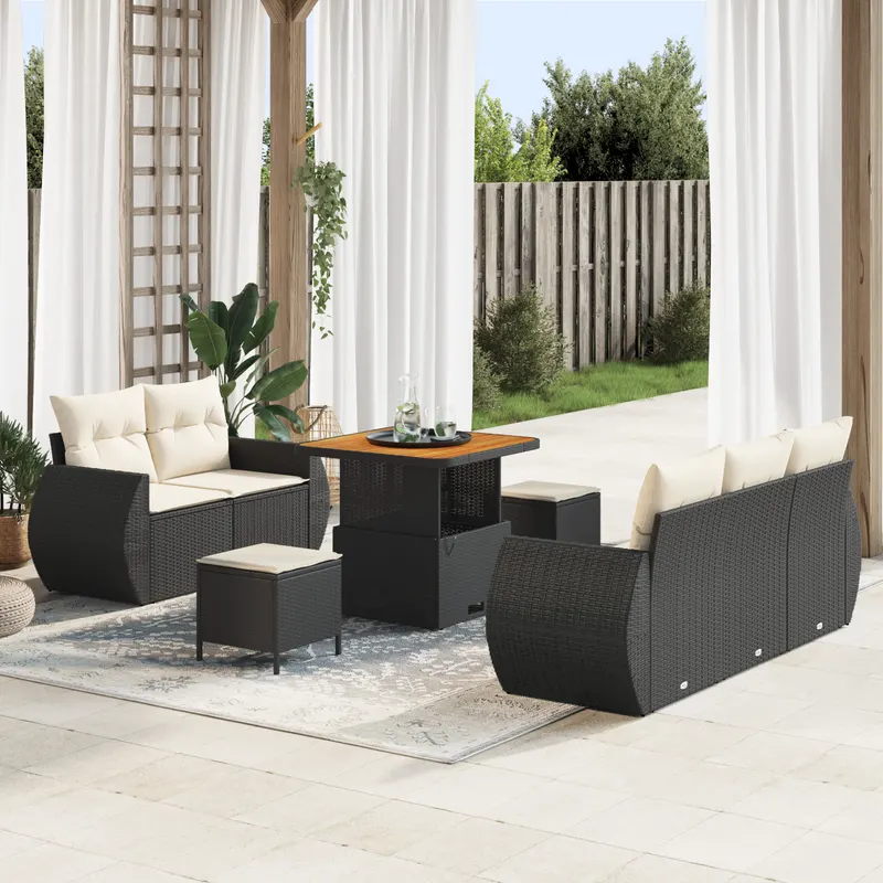 Set de canapele de gradina cu perne pe 8 piese negru poliratan acacia, set de mese de gradina cu perne pe 3 piese negru poliratan acacia