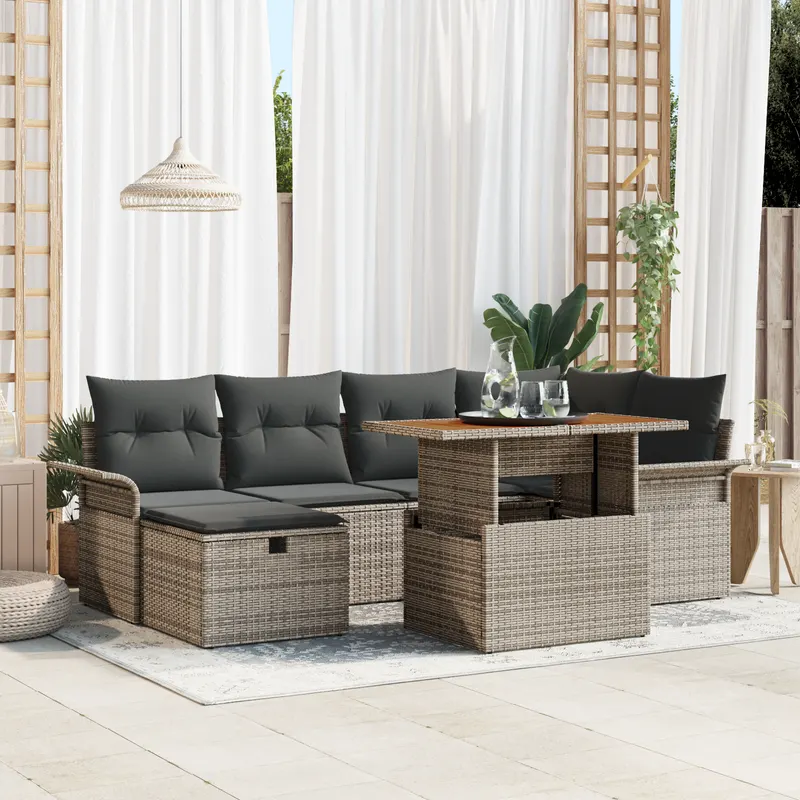 set de sofa de gradina cu 7 piese si perne gri din ratan polimeric