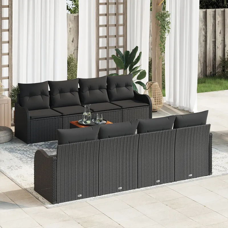 Set canapea gradina 9 piese cu perne ratan negru acacia, canapea gradina cu doua locuri cu depozitare si perne ratan negru