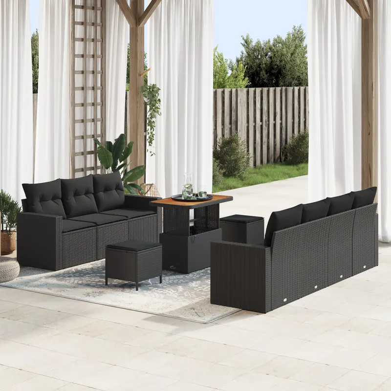 Set de canapea de gradina 10 piese cu perne negru poliratan acacia, set de mese de gradina 3 piese cu perne negru poliratan acacia