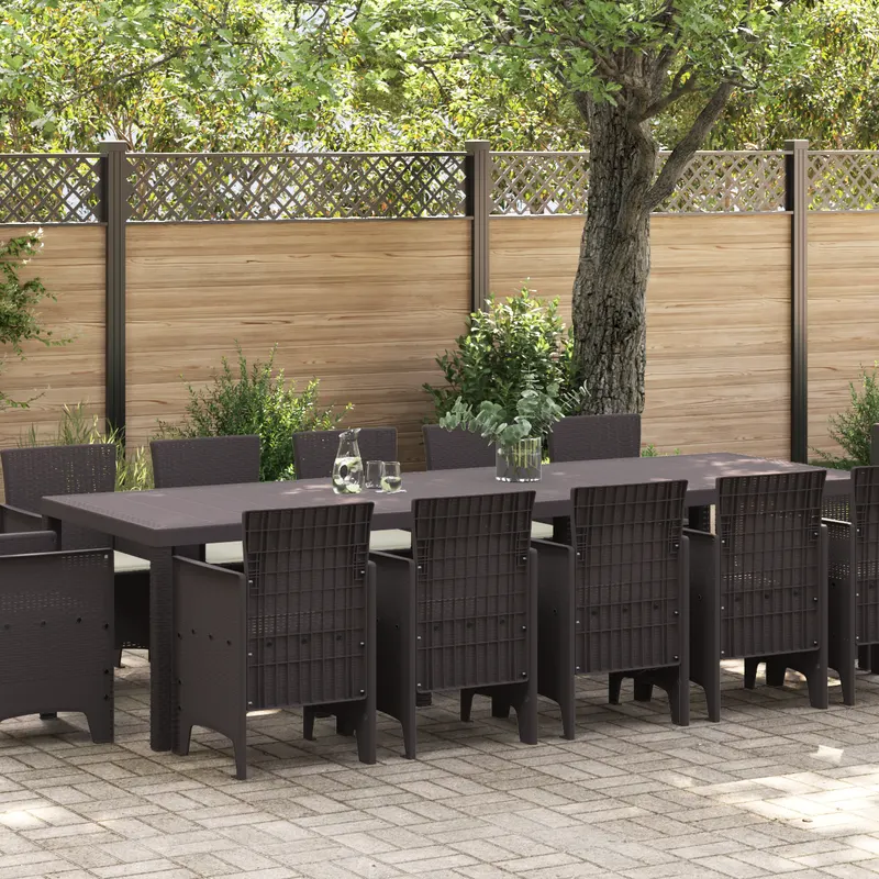 Set de dining pentru gradina de 13 bucati cu perne maro poliratan, masa de gradina maro 150x100x73 cm poliratan, scaune de gradina cu perne 4 bucati maro poliratan