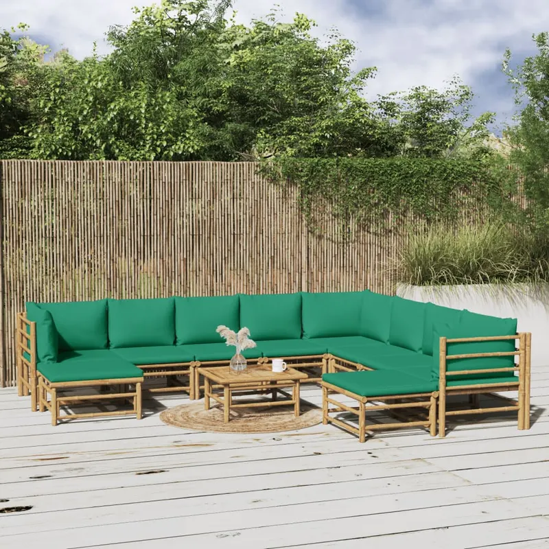 set mobilier de gradina cu perne verzi, 11 piese, bambus