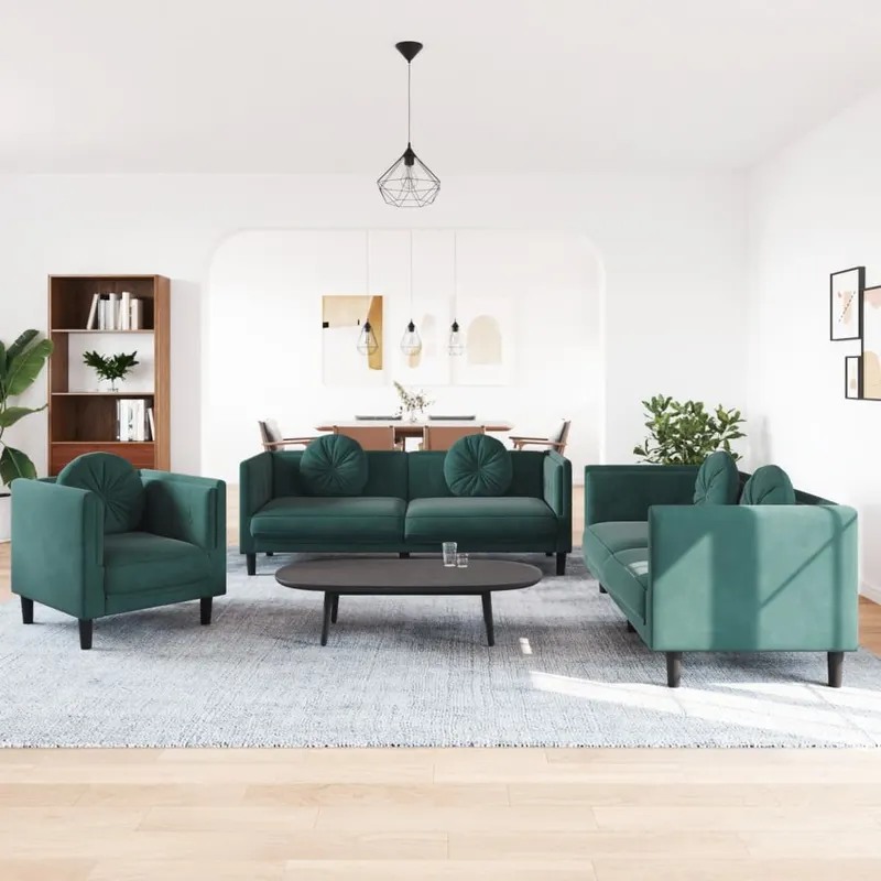 set canapea cu perne, 3 piese, verde inchis, catifea