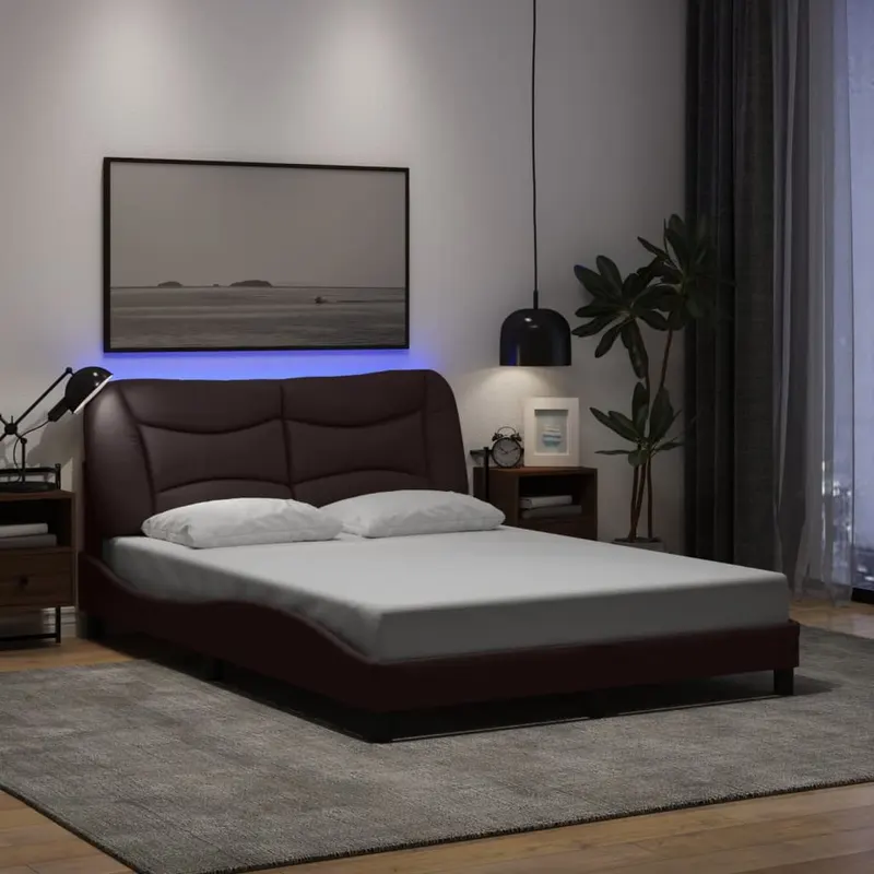 cadru de pat cu lumini led, maro inchis, 120x200 cm, textil