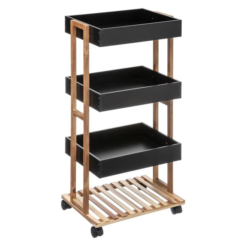 Etajera 4 rafturi mdf si bambus pe roti, 40x30x88 cm, depozitare mobila, negru