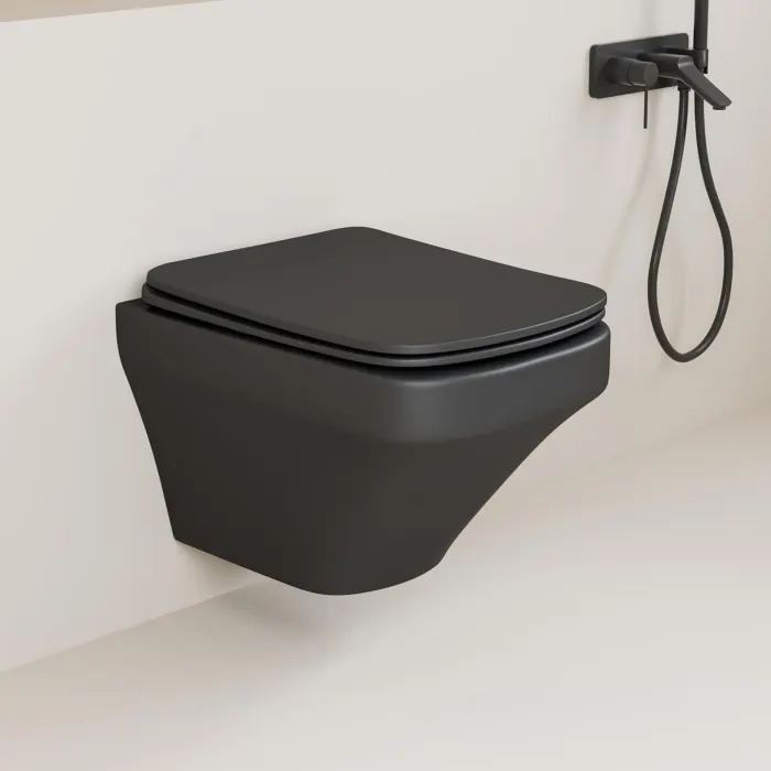 Set vas wc rimless suspendat negru mat, dreptunghiular, capac slim softclose, Bristol