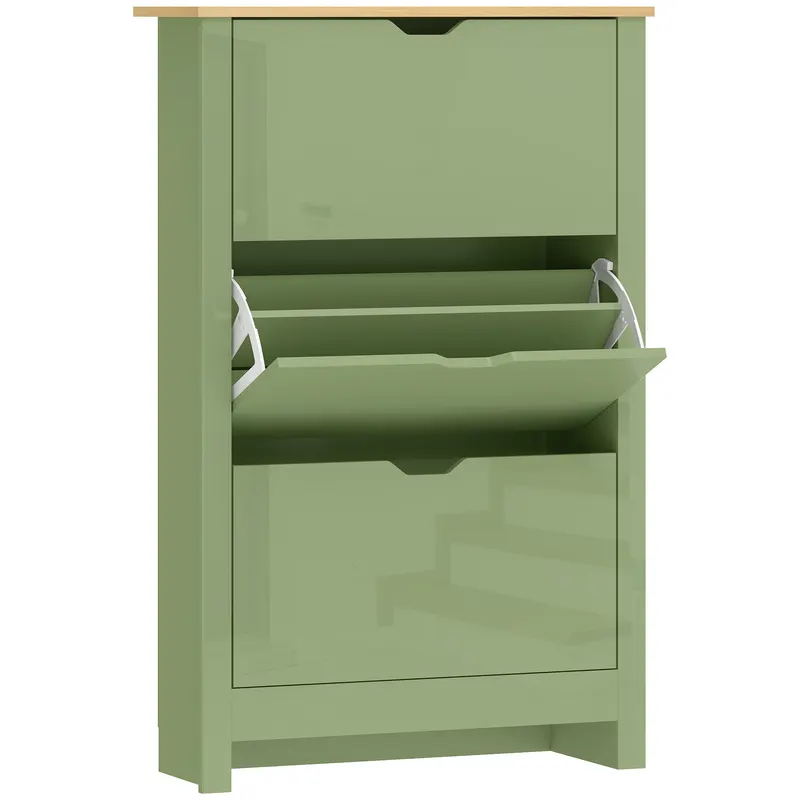 HOMCOM Dulap pentru Pantofi 18 Perechi, Dulap Lucios, 3 Sertare Rabatabile, Rafturi Reglabile, Verde