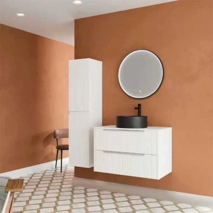 Mobilier baie suspendat pentru lavoar pe blat 80 cm, 2 sertare cu soft close, front riflat, alb mat, manere crom, Fluminia Istria