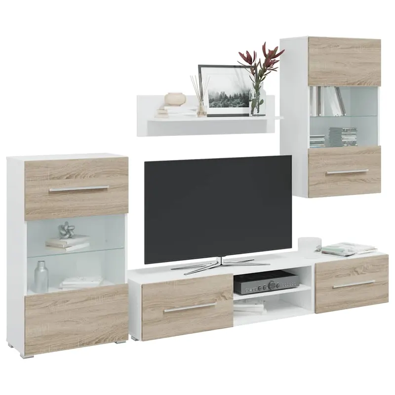 unitati tv 5 piese cu iluminare led lemn de lemn stejar sonoma