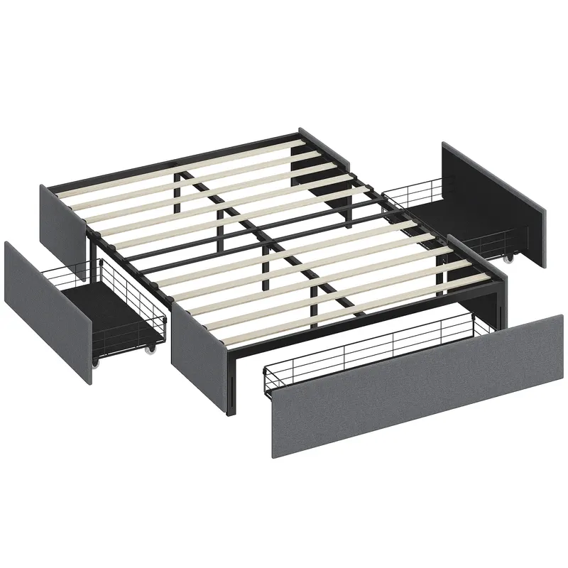 HOMCOM Pat cu spațiu de depozitare 140 x 190 cm, cadru de pat dublu tapițat cu 3 sertare, somier cu lamele LVL, fără zgomot, gri