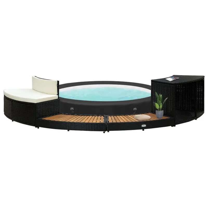 mobilier de imprejmuire spa, negru, poliratan si lemn de acacia