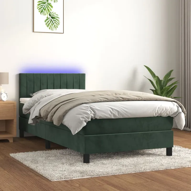 pat cu arcuri, saltea si led, verde, 90x200 cm, catifea