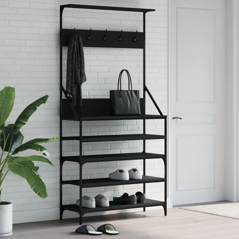 suport de haine cu raft de pantofi, negru, 90x34x184 cm