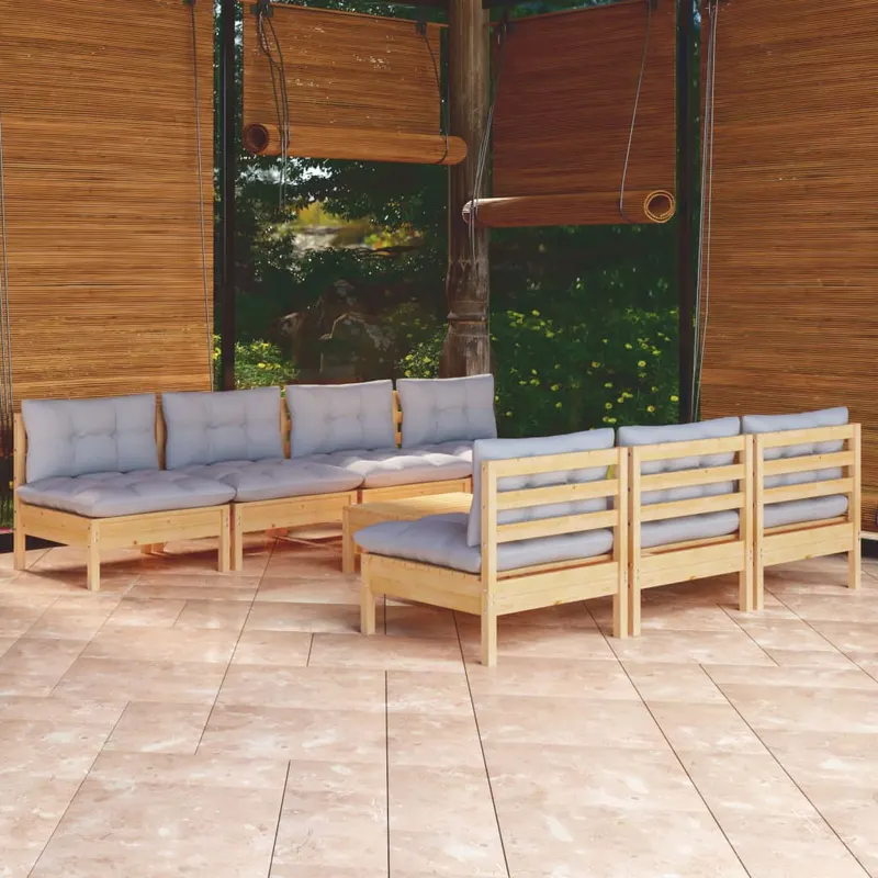 set mobilier de gradina cu perne gri, 8 piese, lemn de pin